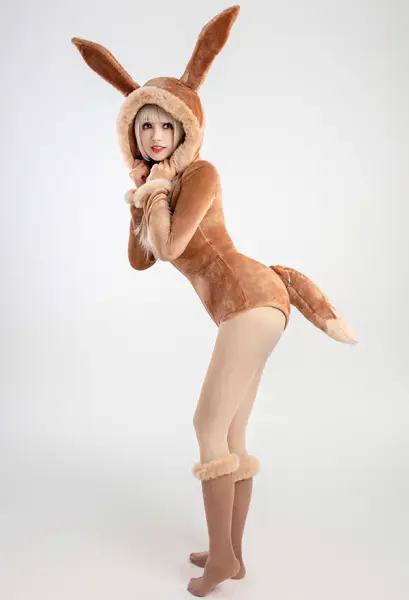 PM Derivative Sexy Lingerie Body Plush Hooded Deep V Barboteuse et Chaussettes avec Ceinture et Queue