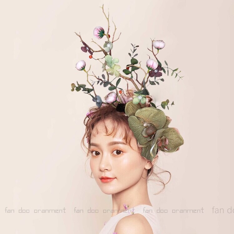 Coiffure créative de mariée exagérée, couvre-chef rétro, accessoire de cheveux, bandeau en bois, spectacle sur scène