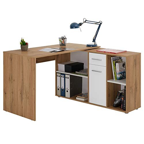 IDIMEX Bureau d'angle Carmen Table avec Meuble de Rangement intégré et modulable avec 4 étagères 1 Porte et 1 tiroir, décor chêne Sauvage et Blanc Mat