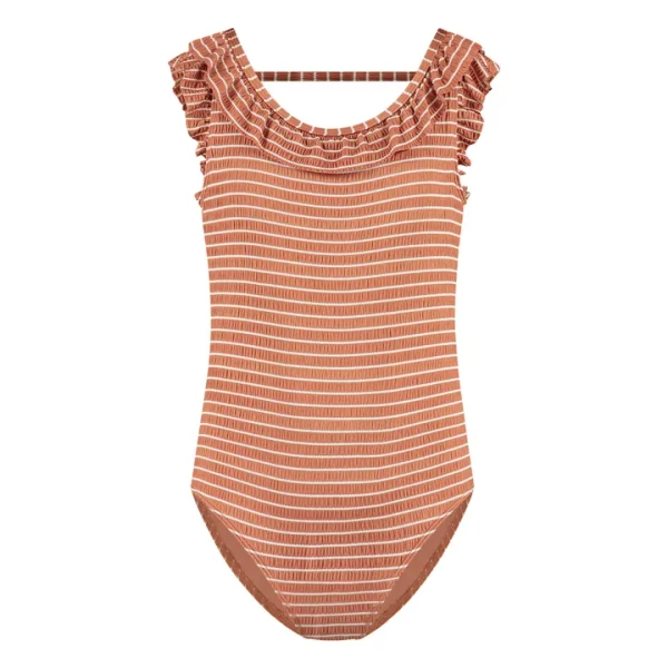 Maillot de Bain 1 Pièce Volants Rayé Fibres Recyclées | Caramel