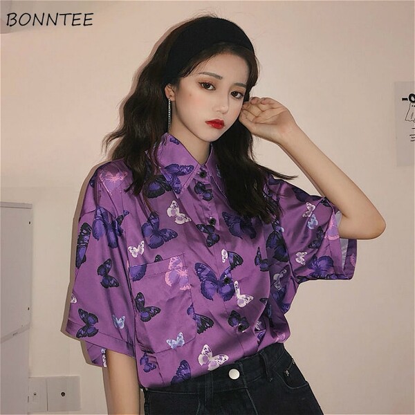 Chemisier Chic violet imprimé papillon pour femmes, rétro, tendance, été, haut pour dames, Design Vintage Harajuku