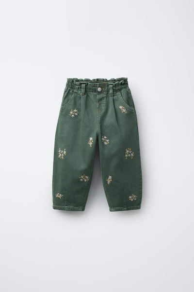 PANTALON BALLON EN SERGÉ FLEURS BRODÉES