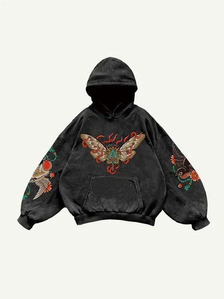 Bird&amp;Floral&amp;Demon Butterfly Print Slant Pockets Hoodie