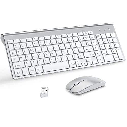 Ensemble Clavier et Souris Sans Fil Ultra-Mince avec Pad Souris, MOOJAY 2.4G USB Silent Compact Ciseaux Clavier d'interrupteur Souris avec Couvercle, Piles AA &amp; AAA,pour PC/Laptop/Windows-Argent Blanc