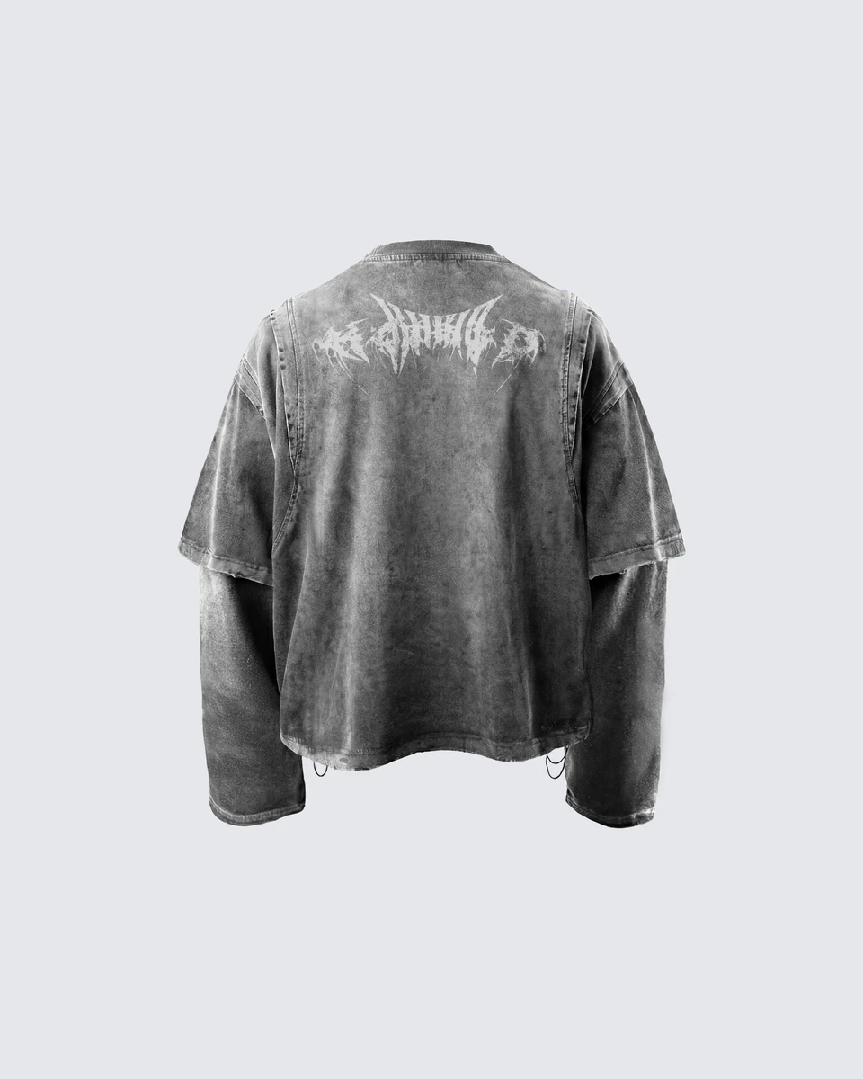 KIIKIO-T-shirt long superposé délavé de style vintage