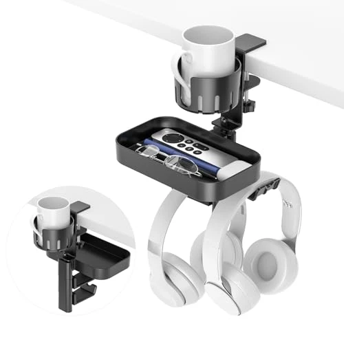 KDD Porte Gobelet Bureau avec 2 Support Casque, 3 en 1 Porte Gobelet Gaming avec Porte Casque et Rotatif Tiroir sous Bureau, Robuste Pince en C sans Perçage pour Maison, l'école Accessoires