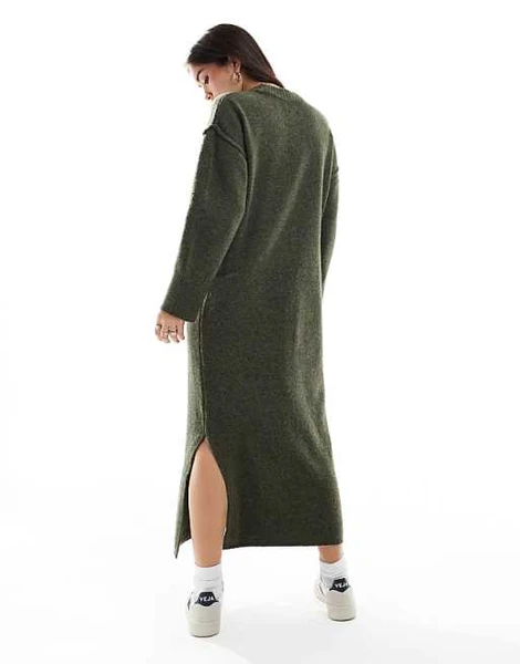 ASOS DESIGN - Robe en maille longueur mollet avec couture devant - Kaki