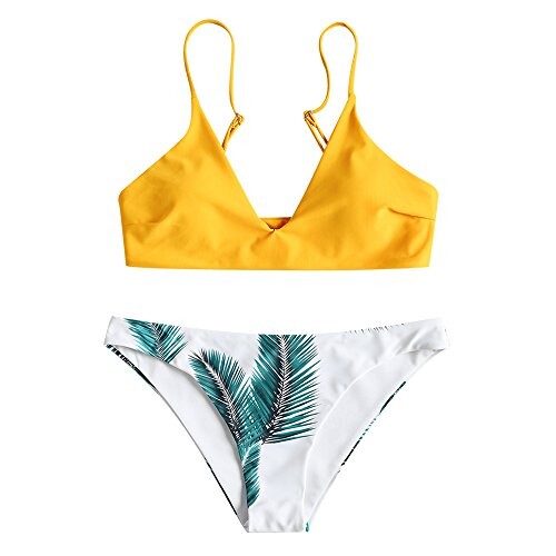 ZAFUL Maillots de Bain Femme Deux Pièces Push-Up Feuilles d'impression Plage Bikini Set Rembourré Beachwear Mignon (S, Jaune)