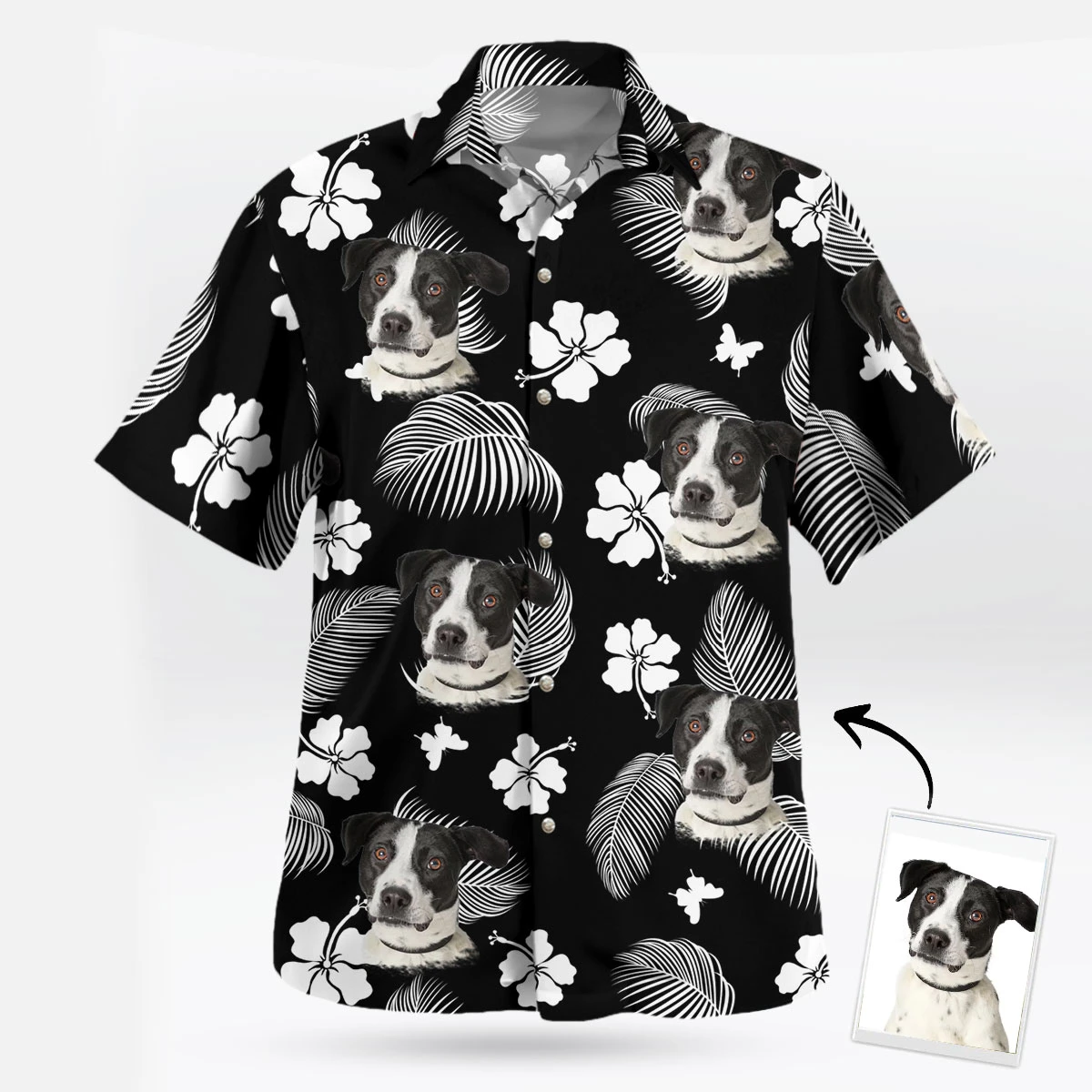 Custom Black and White Hawaiian Shirt with Dog Face – Tropical Floral Vibes
