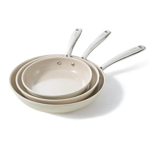 Redchef Set de 3 Poêles à revêtement céramique pour induction 20/24/28 cm Pour tous les types de plaques de cuisson - Sans PTFE - Sans PFAS - Sans PFOA, Passe au four et au lave-vaisselle - Beige