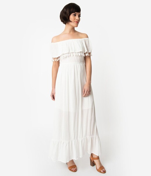Vintage Style White Off The Shoulder Ruffled Maxi Dress