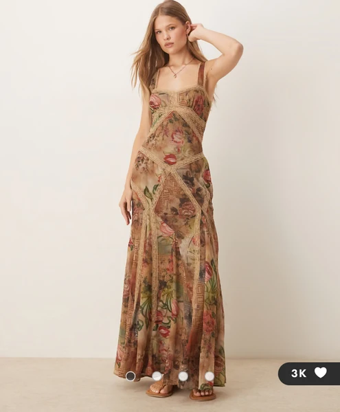 ASOS DESIGN - Robe longue à imprimé fleurs vintage avec empiècements en dentelle