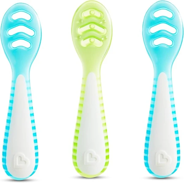 Munchkin Gentle Dip Multistage First Spoons for Babies 4+ Months - 3 Pack, idéal pour le Baby-Led Weaning, design ergonomique, sans BPA, Blue/Green