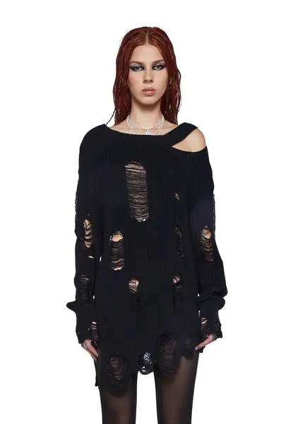 Darker Wavs Distressed Cut Out Long Sleeve Knit Sweater - Black