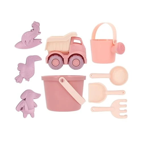 Monnëka Set de Jouets de Plage | Jouets de Sable Écoresponsables et Sûrs dès 6 Mois | Kit avec Seau, Pelles, Râteau, Arrosoir et Camion | Facile à Transporter pour Plage | Old Rose