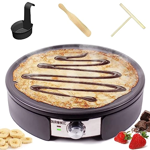 Duronic PM152 Crêpière électrique de 1500W |37 cm | Plaque de cuisson antiadhésive et démontable | Accessoires inclus | Température ajustable | Crêpes sucrées, galettes salées et omelettes