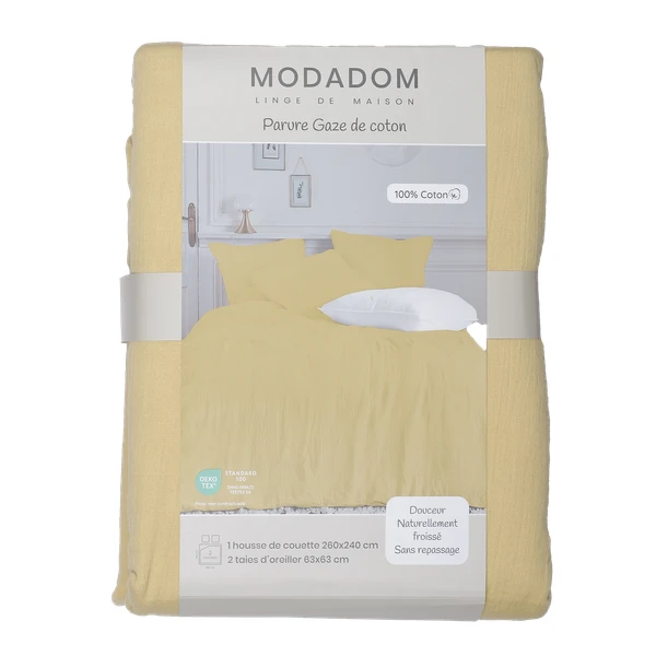 Parure housse de couette gaze de coton ocre 240x260 cm + 2 taies d'oreillers 63x63 cm