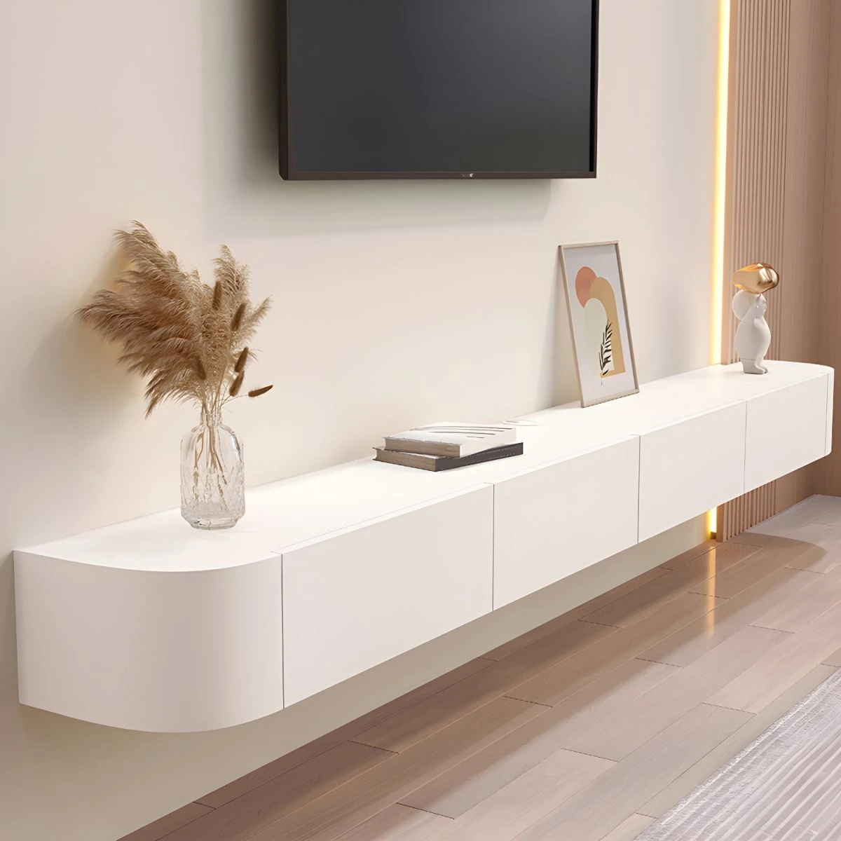 Support mural contemporain en bois massif pour téléviseur avec tiroirs - Blanc L 160 x l 24 x H 20 cm