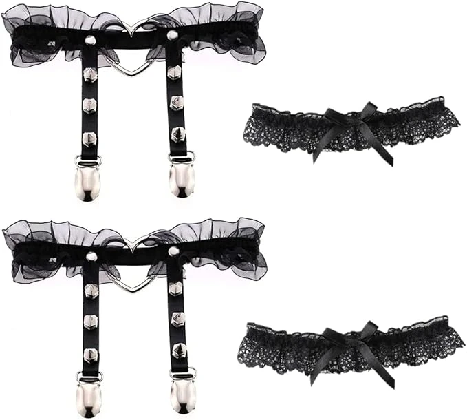 Lot de 2 jarretières pour cuisse en forme de cœur en dentelle réglable avec clip antidérapant et porte-jarretelles élastiques pour femme