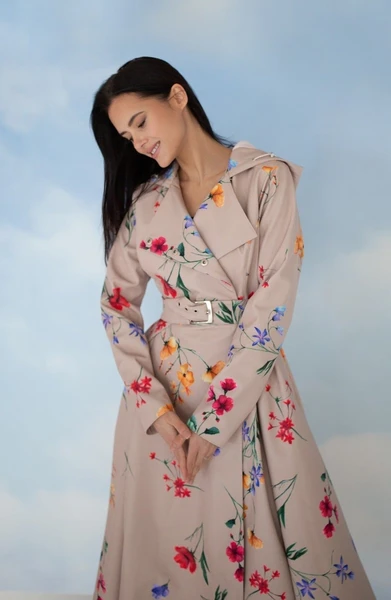 Beige Design Coat with Colorful Flower Print and Belt | 'Spring Bloom'