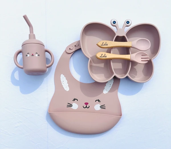 Set repas assiette et couverts pour enfant personnalisée -couvert en bois -cadeau de naissance -assiette silicone bébé-assiette bébé