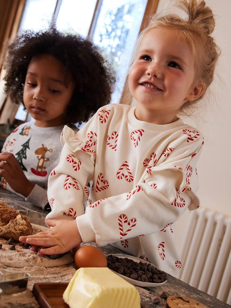 Sweat fille noël coeurs pailletés manches volantées écru - Vertbaudet