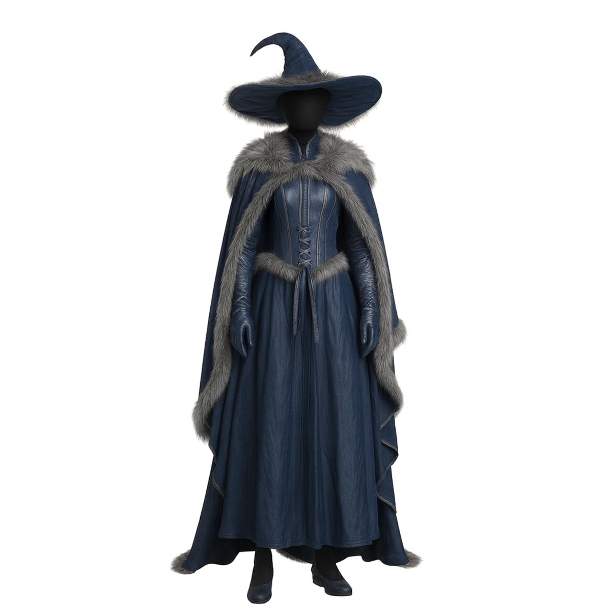 Blue Leather-Look moonlit Witch Costume – Gothic Sorceress Cloak and Hat