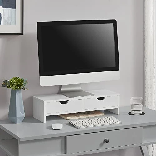 [en.casa] Support d'Écran Réhausseur de Moniteur avec 2 Tiroirs pour Télé Moniteur Ordinateur Portable Panneau de Particules 50 x 18 x 13 cm Blanc