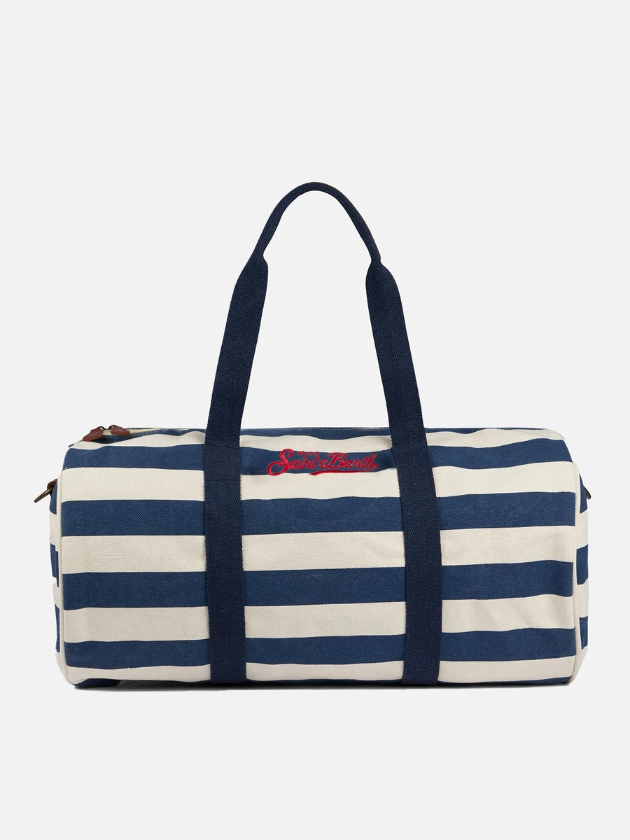 Navy Blue and White Stripes Cotton Travel Duffel Bag with Saint Barth Embroidery | 100% Cotton | MC2 Saint Barth