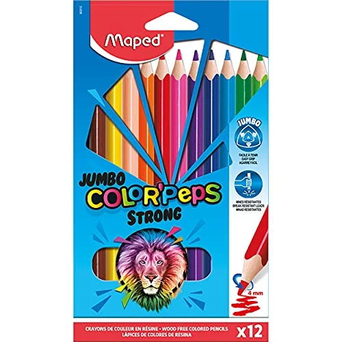 Maped STRONG Jumbo 863312 Crayons de couleur ergonomiques triangulaires Color'PEPS Mine particulièrement stable 4 mm 12 crayons