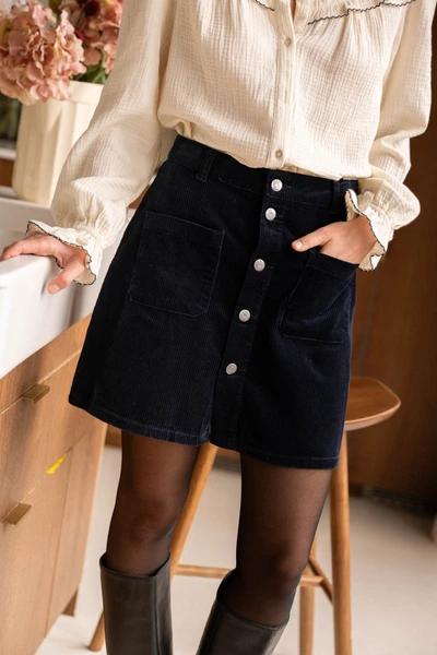 Jupe Courte Velours Cotele A Boutons - Marine - Boutique Libertie