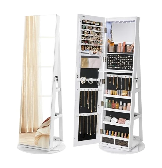 SONGMICS Armoire à Bijoux avec Miroir sur Pieds, Verrouillable, avec 6 LED, Rangement Bijoux Pivotant 360°, Miroir Psyché sans Cadre, 3 Étagères, Surface en Blanc, Doublure en Noir JJC007W01