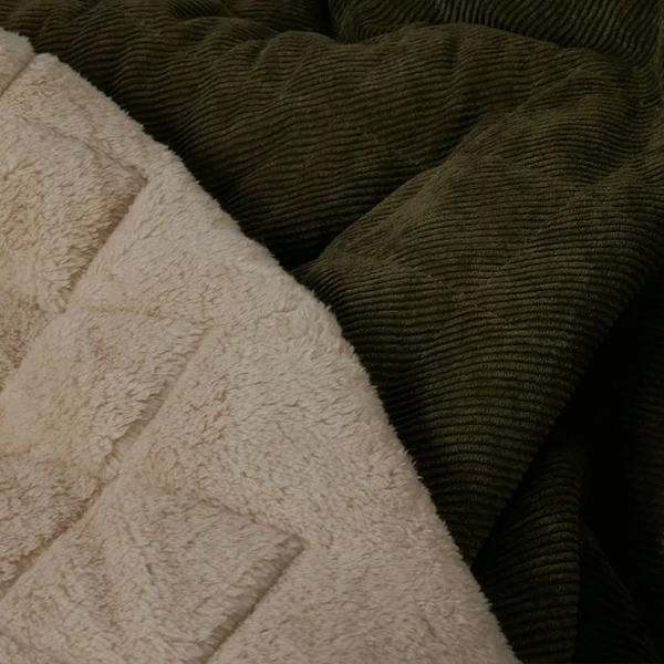 Tissu matelassé velours côtelé et fausse fourrure - kaki