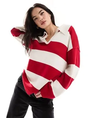 ASOS DESIGN - Maillot de rugby oversize en maille rayée - Rouge