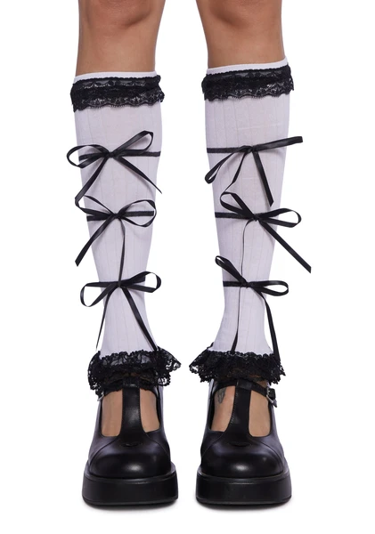 Ribbed Knit Bow Lace Leg Warmers - Black/White
