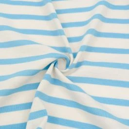 Maille jersey coton peigné écru rayé bleu ciel - Origine France