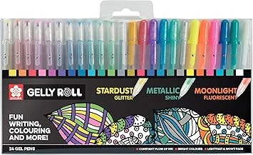SAKURA Gelly Roll Set de 24 stylos gel pailletés, métalliques et fluorescents pour écrire et dessiner, couleurs et effets assortis