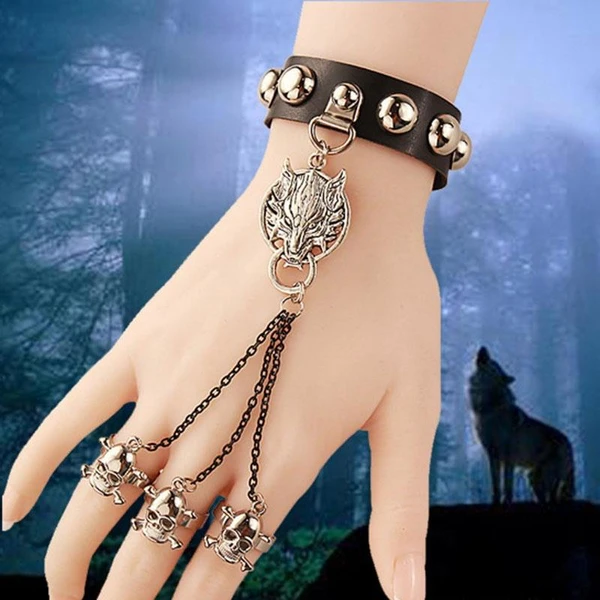 Bijoux de mode chic gothique crâne loup chaînes à main Bracelet en cuir doigts de main anneau Bracelet