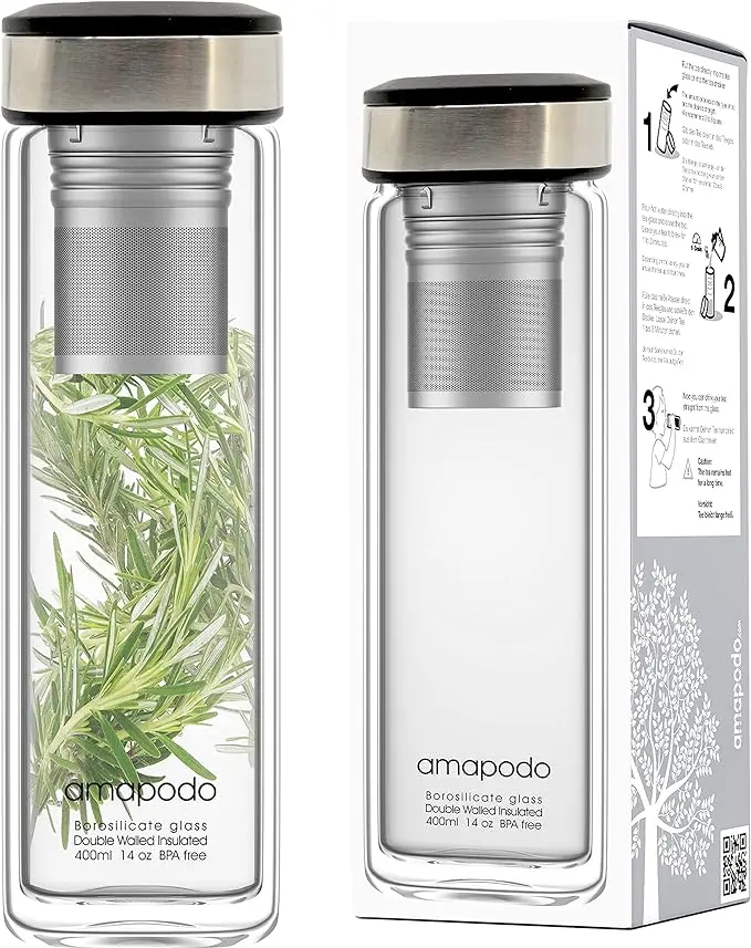 amapodo Bouteille à thé avec passoire – Gourde pour thé 400 ml – Théière à emporter – Bouteille avec infuseur – Bouteille isotherme en verre à double paroi