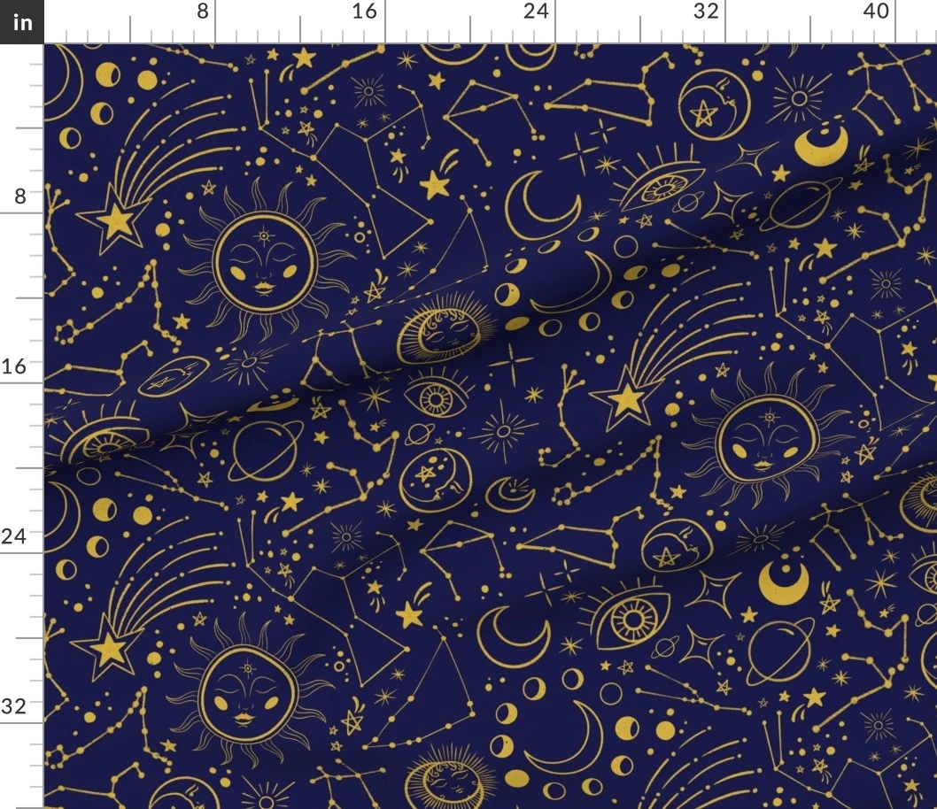 Fabric in Large Black & Yellow Astrological Pattern - Constellations Planets & Stars