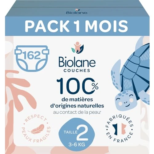 BIOLANE - Couches Taille 2 - (3-6 kg) - Peaux Sensibles - Ultra-Absorbant, Pas de Fuite, 12h au Sec - Pack 1 mois 162 couches - Fabriqué en France