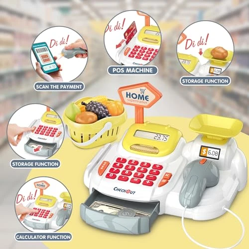 Sotodik Caisse Enregistreuse Électronique avec Scanner pour Enfants, Jeu de Rôle, Lumières et Sons, 36 Pièces, Jaune