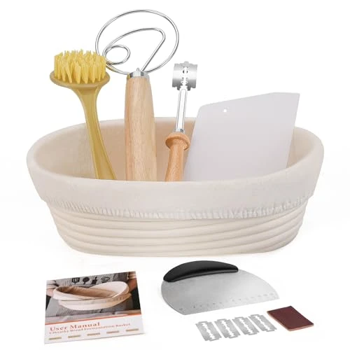 Clheatky Banneton Ovale 25cm, Panier Fermentation Pain Set Compris Brot Lahm, Raclette à Pâte, Raclette à Bol, Accessoires Pain Maison