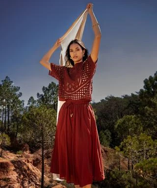 Jupe longue et ample en voile de coton à taille élastiquée femme