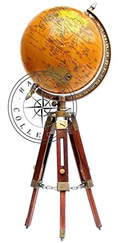Hanzla Collection Globe terrestre vintage en laiton avec pied en bois