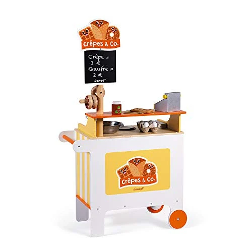 Janod - Stand Mobile en Bois Crêpes &amp; Co - Jouet d'Imitation Cuisine et Marchande - 40 Accessoires Inclus - Dès 3 Ans, J06587