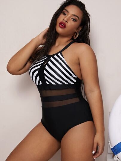 Maillot de bain une pièce à rayures avec pièces transparentes