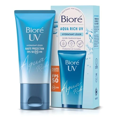 BIORÉ Aqua Rich UV FPS50 PA++++ - Haute Protection UV au Quotidien & Hydratation - Crème solaire visage - Acide hyaluronique - Texture non grasse et invisible - Tous types de peaux et carnations
