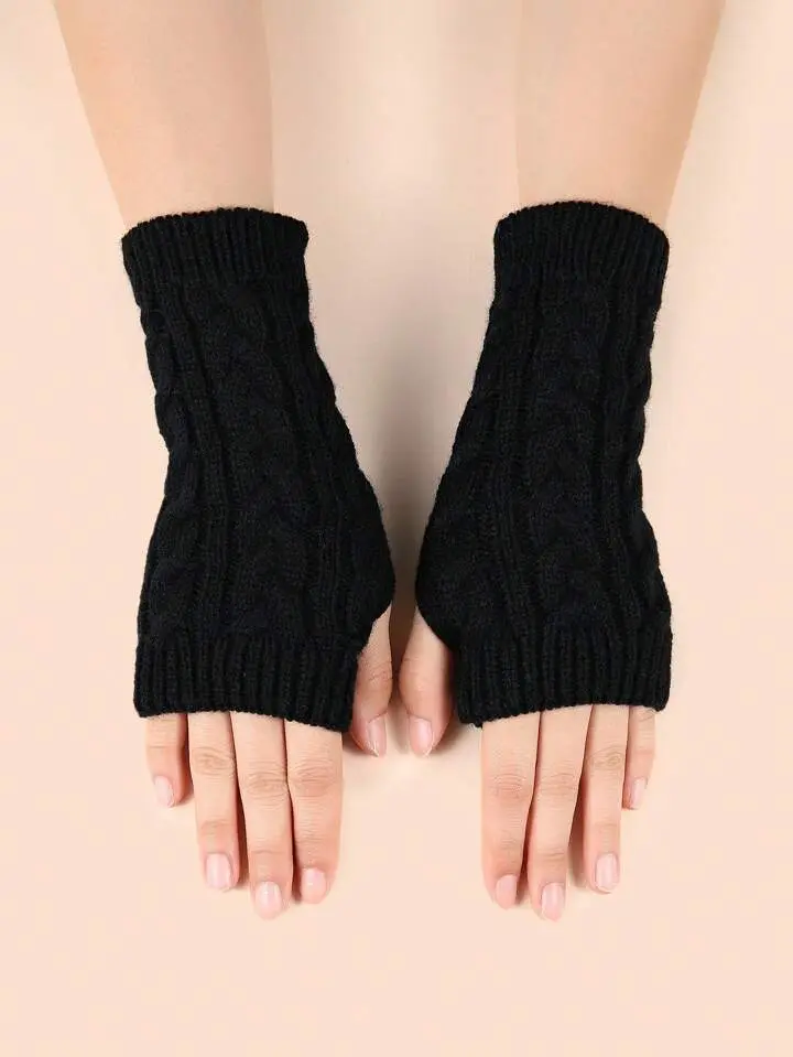 Gants Sans Doigts TricotÃ©s De Couleur Unie Pour Femmes, 1 Paire, Avec Motif TorsadÃ©, Accessoire De Mode Pour Un Usage Quotidien