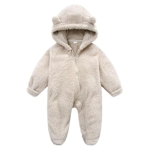 Carolilly Combinaison à Capuche Bébé en Peluche, Grenouillère Bébé Hiver Zippée à Manches Longues avec Oreilles d'ours (Beige, 3-6 Months)